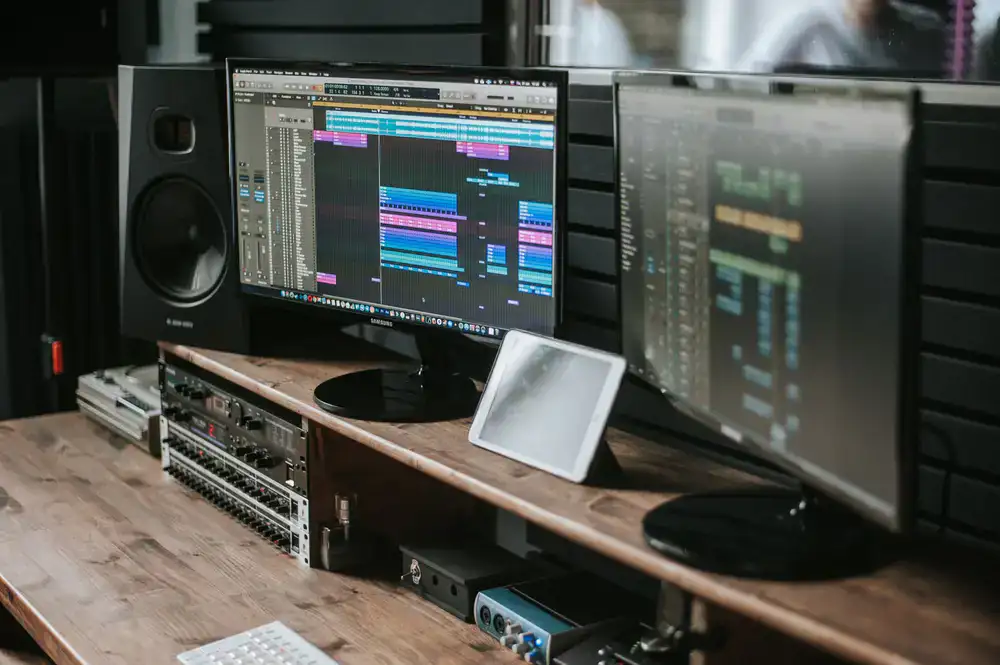 Complete high-end streaming studio setup with acoustic panels and dual monitors