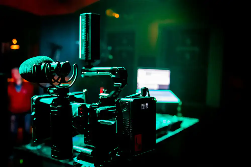 Professional streaming studio setup with lighting and microphone